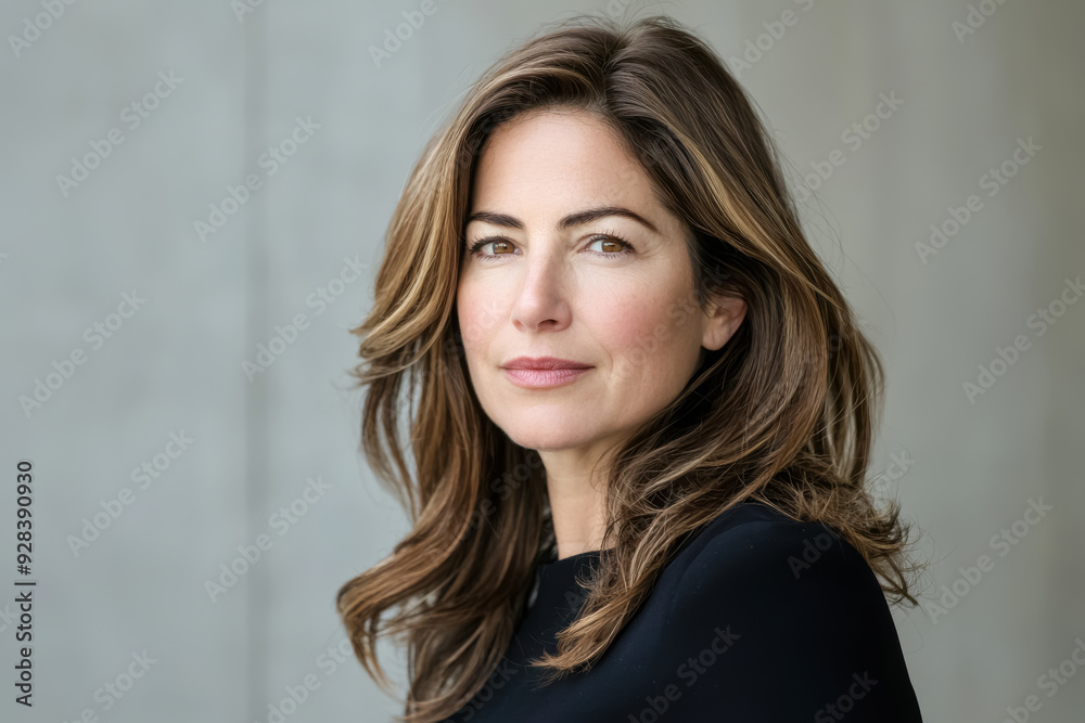 A mid-aged woman with light skin and brown hair wearing a black suit stands confidently against a neutral background, representing strength and leadership. A mid-aged woman with light skin and brown hair wearing a black suit stands confidently against a neutral background, representing strength and leadership.