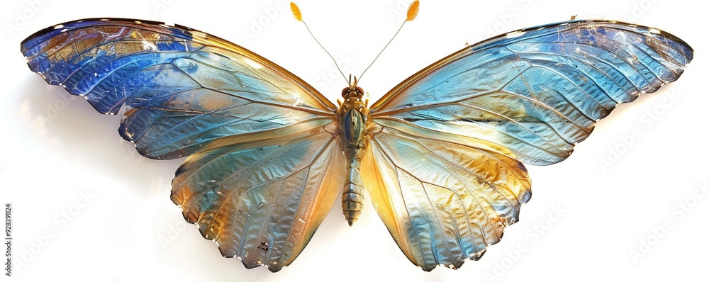 Obraz premium Blue butterfly with open wings on white background, 4K hyperrealistic photo