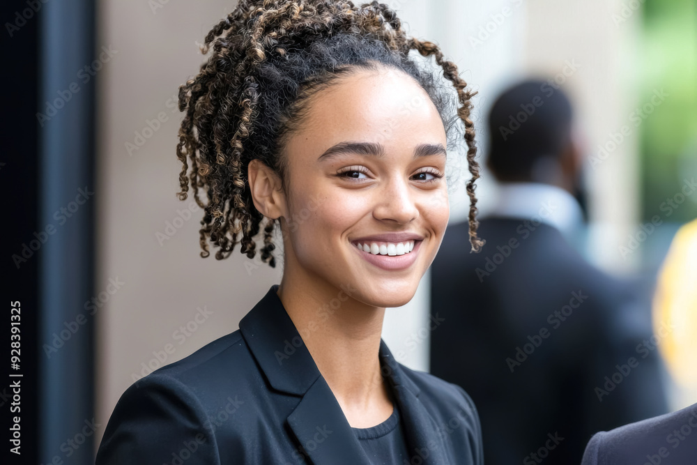 Ambitious Young Leader After Corporate Event. A young professional woman with curly hair and medium skin beams with confidence outside an urban office setting.
Ambitious Young Leader After Corporate Event. A young professional woman with curly hair and medium skin beams with confidence outside an urban office setting.