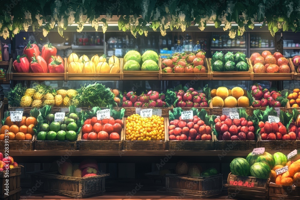 Produce Display: beautifully arranged fruits and vegetables at a market or store Produce Display: beautifully arranged fruits and vegetables at a market or store
