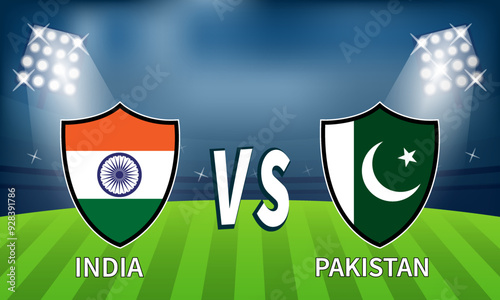 India vs Pakistan illustration. IND vs PAK vector illustration flags in shield shape and cricket stadium at background. suitable for games, cricket, martial arts and versus.