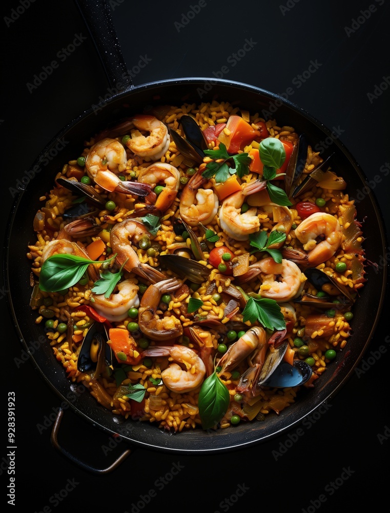 Traditional Mediterranean seafood paella in a rustic setting with direct sunlight Traditional Mediterranean seafood paella in a rustic setting with direct sunlight