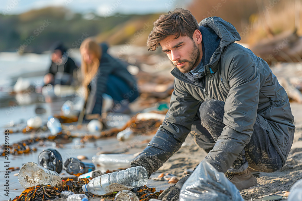 Group of volunteers cleaning a polluted beach with plastic bottles Group of volunteers cleaning a polluted beach with plastic bottles