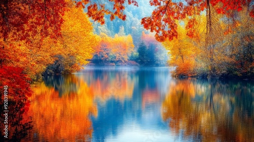Imagine swimming in a picturesque lake surrounded by autumn foliage, the vibrant colors reflecting on the water.