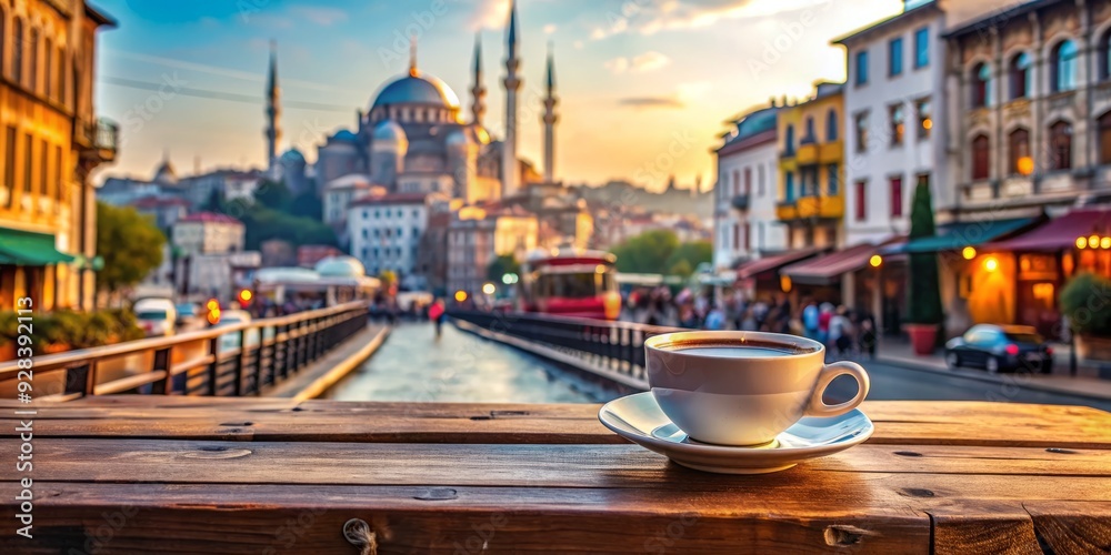 Obraz premium Vibrant coffee cup with siren logo sits on a rustic wooden bench, set against a blurred background of ancient Istanbul's bustling streets and historic architecture.