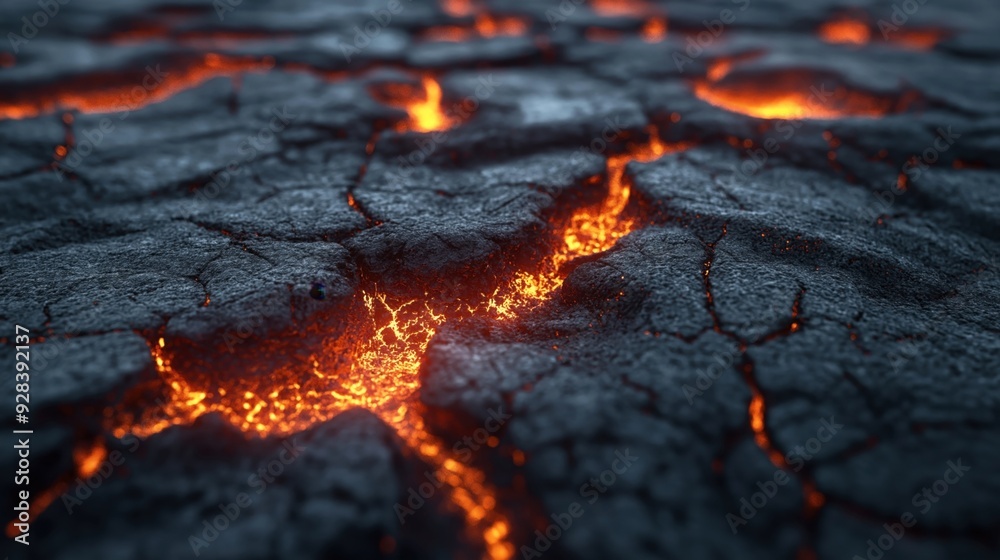 Close-up of cracked lava surface with glowing molten lava visible in the crevices. Close-up of cracked lava surface with glowing molten lava visible in the crevices.