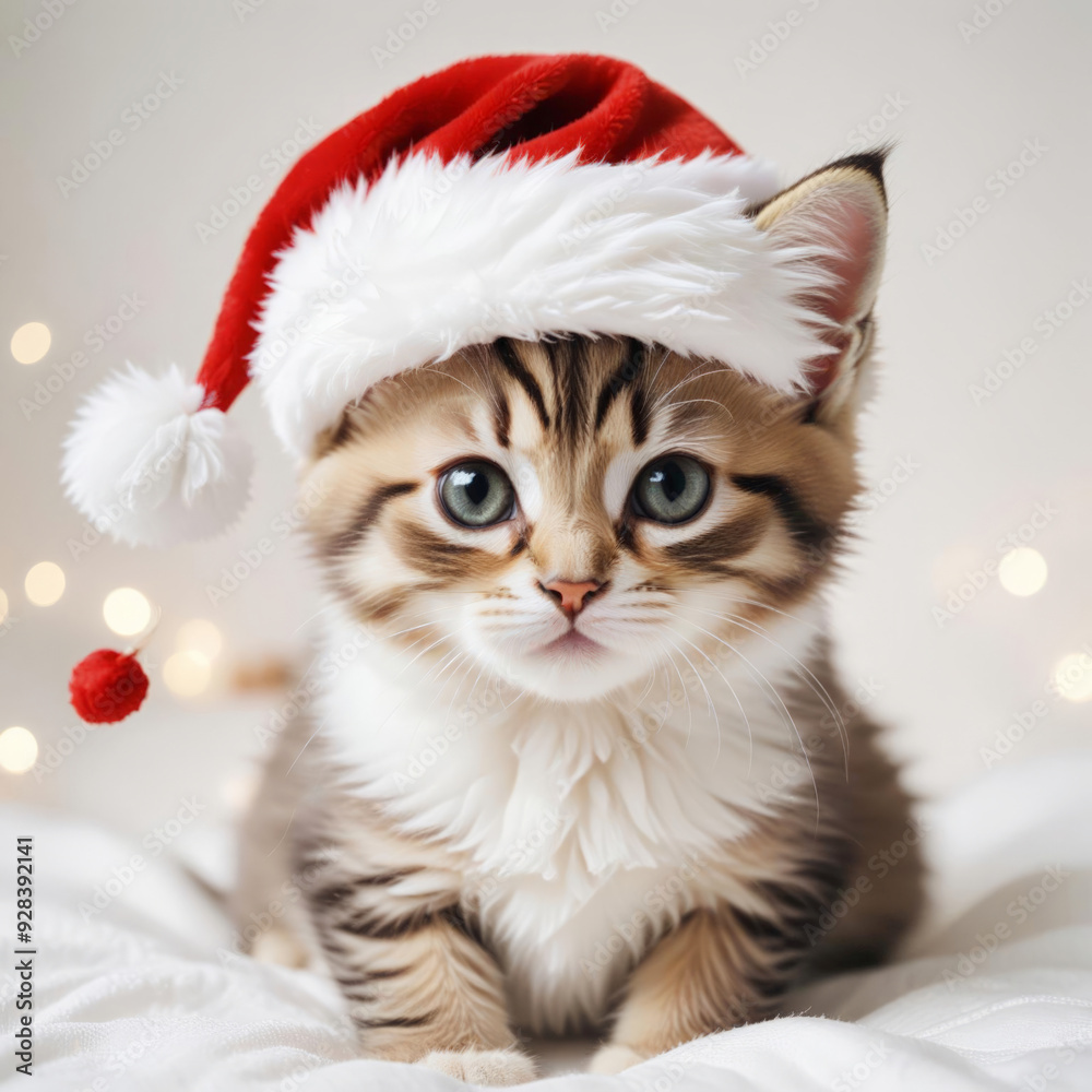 Portrait of little kitten in a new year's red Santa Claus hat on light background in the Studio. Creative. The concept of Christmas and holidays. Portrait of little kitten in a new year's red Santa Claus hat on light background in the Studio. Creative. The concept of Christmas and holidays.