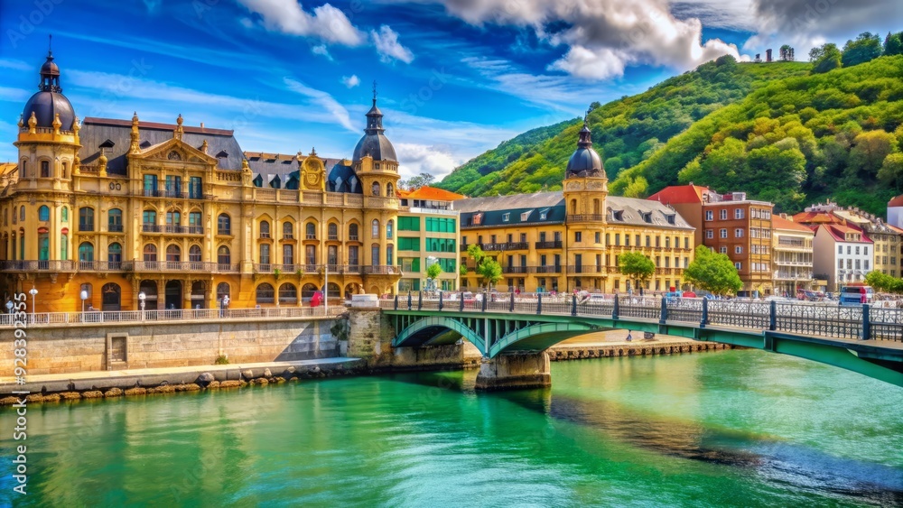 Fototapeta premium Vibrant colorful buildings line the picturesque Kursaal Bridge overlooking the serene Urdaibai River in San Sebastian, Spain, showcasing the city's unique Basque architecture.