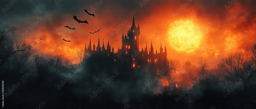 Dramatic Halloween night sky with bats flying over a haunted castle
