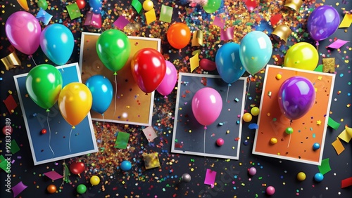 Vibrant colorful posters scattered across a black background, surrounded by confetti and balloons, creating a lively atmosphere for a festive celebration or party. photo