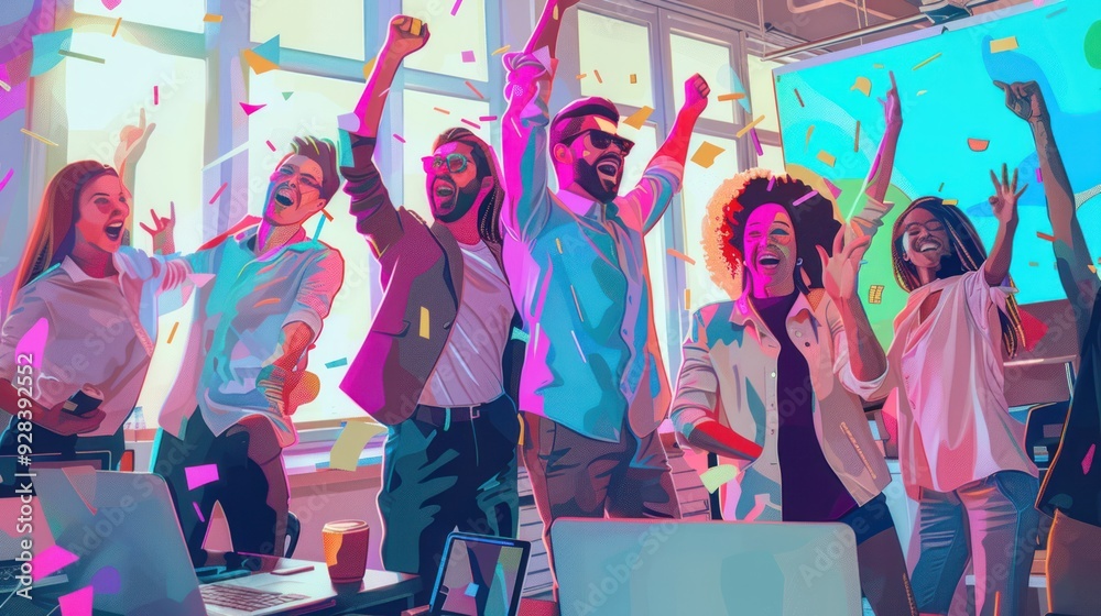 A tech startup team celebrating a successful product demo A tech startup team celebrating a successful product demo