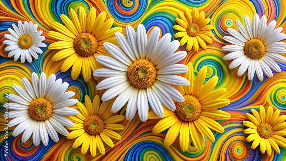 Vibrant daisy flowers with bright yellow petals and white centers bloom amidst swirling psychedelic patterns and colors, evoking a playful, retro, and groovy vibe.