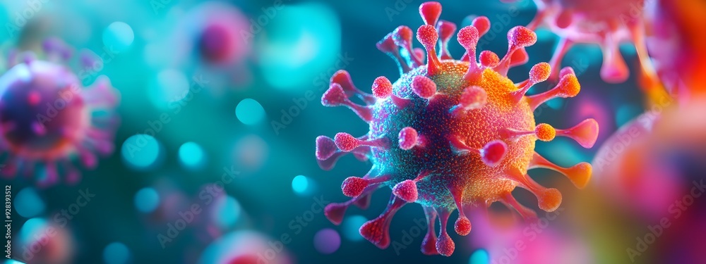 3d model of the H5N6 virus, highly detailed and colorful. The background is a dark blue with a blurred, realistic color explosion. The model has intricate details, natural lighting, sharp focus, and h 3d model of the H5N6 virus, highly detailed and colorful. The background is a dark blue with a blurred, realistic color explosion. The model has intricate details, natural lighting, sharp focus, and h