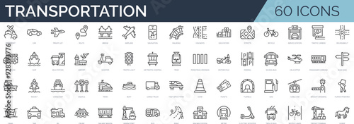 Set of 60 outline icons related to transportation. Linear icon collection. Editable stroke. Vector illustration photo