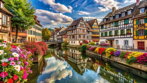 Vibrant half-timbered houses line the cobblestone streets of Strasbourg, Alsace, surrounded by blooming flowers and quaint charming canals in the picturesque old town.