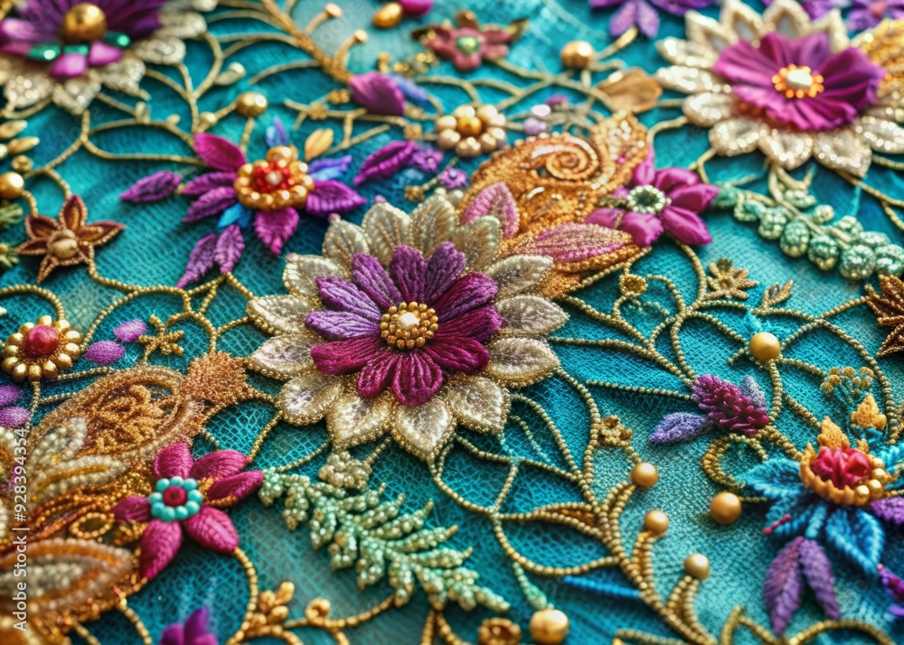 Vibrant intricate embroidery adorns luxurious lace fabric, showcasing an exquisite blend of colors, textures, and ornate patterns in a stunning display of craftsmanship. Vibrant intricate embroidery adorns luxurious lace fabric, showcasing an exquisite blend of colors, textures, and ornate patterns in a stunning display of craftsmanship.