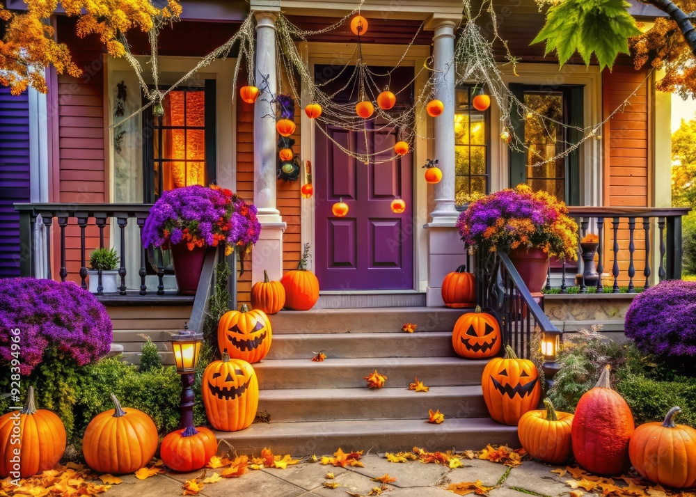 Obraz premium Vibrant orange and purple Autumnal decorations adorn a porch, complete with glowing jack-o-lanterns, spider webs, and a bold Halloween 2023 banner, setting a spooky tone.