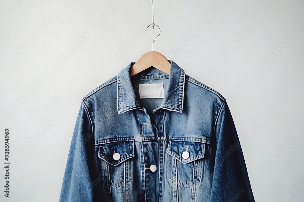 Naklejka premium Close up of the front of a denim jacket on hanger