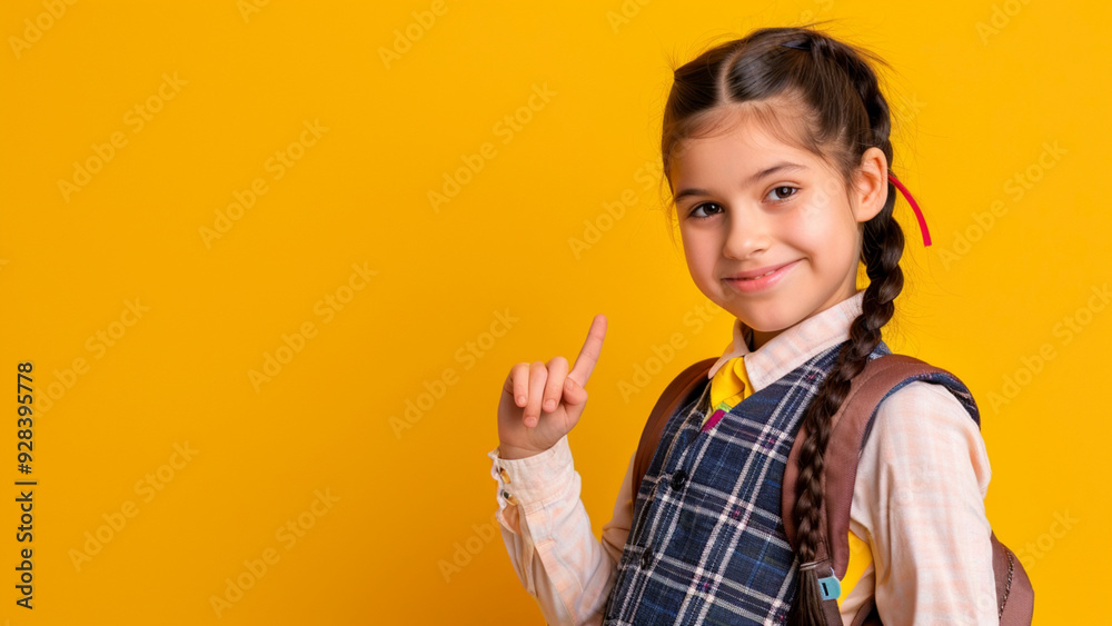Joyful Schoolgirl Pointing at Empty Space, Ready for Text, on Vibrant Yellow Background