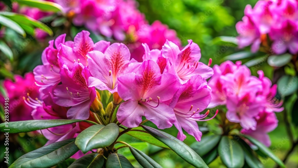 Vibrant pink rhododendron flowers bloom amidst lush green foliage, delicate petals unfolding like trumpets, against a soft, serene, and slightly overcast natural outdoor background. Vibrant pink rhododendron flowers bloom amidst lush green foliage, delicate petals unfolding like trumpets, against a soft, serene, and slightly overcast natural outdoor background.