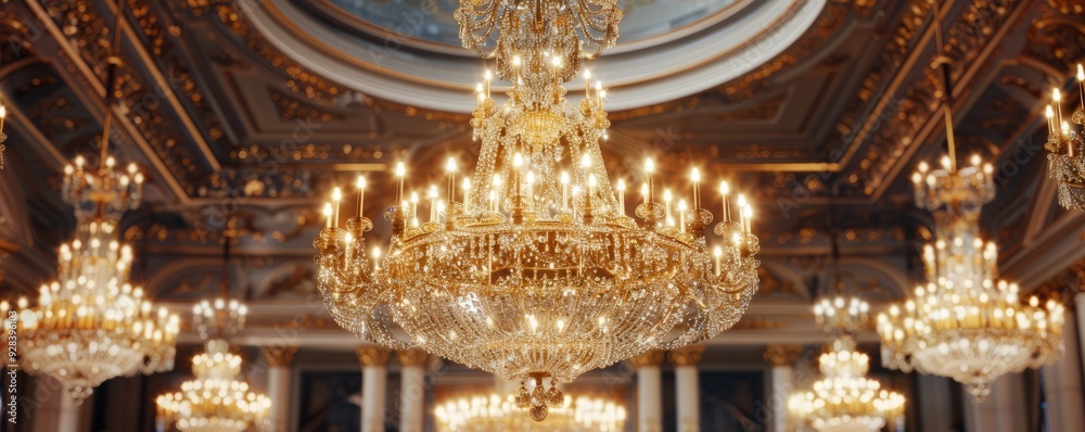 Obraz premium Sparkling crystal chandelier in luxurious ballroom, 4K hyperrealistic photo