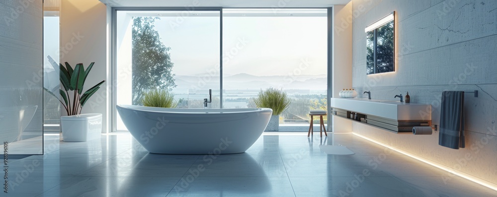 Fototapeta premium Spacious bathroom with sleek fixtures and a minimalist design, 4K hyperrealistic photo