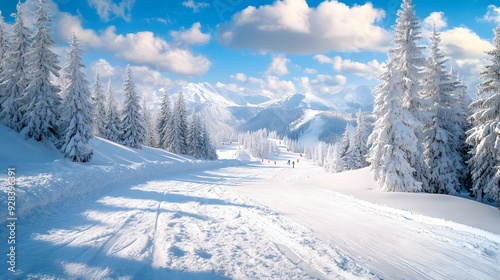 A ski slope with pine trees and skiers on it, a snowy landscape scene, a wide angle photo, a high resolution image, a blue sky, ski tracks in the snow, a snow covered forest, a photo taken from above,