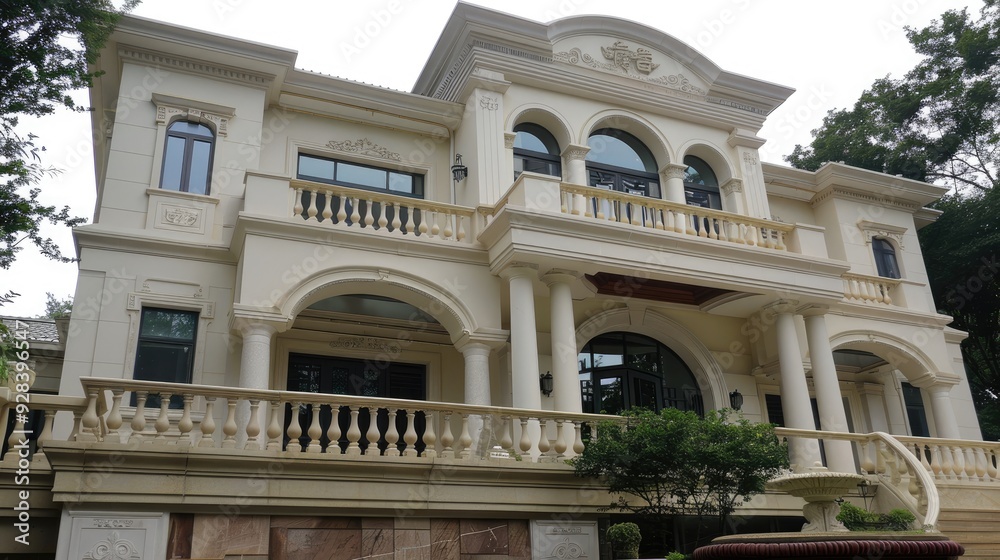 A beautifully designed Mediterranean-style residence with elegant archways and lush landscaping, basking in the warm sunlight of a clear afternoon A beautifully designed Mediterranean-style residence with elegant archways and lush landscaping, basking in the warm sunlight of a clear afternoon
