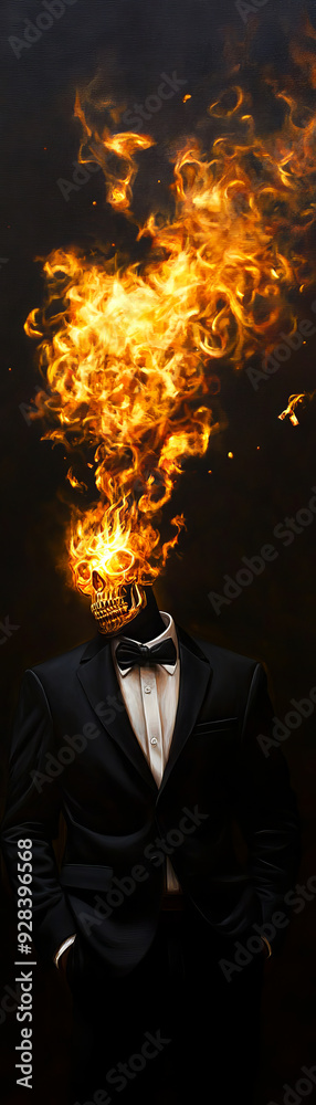 Fototapeta premium A surreal image of a man in a suit with a head made of flames, symbolizing passion and intensity.
