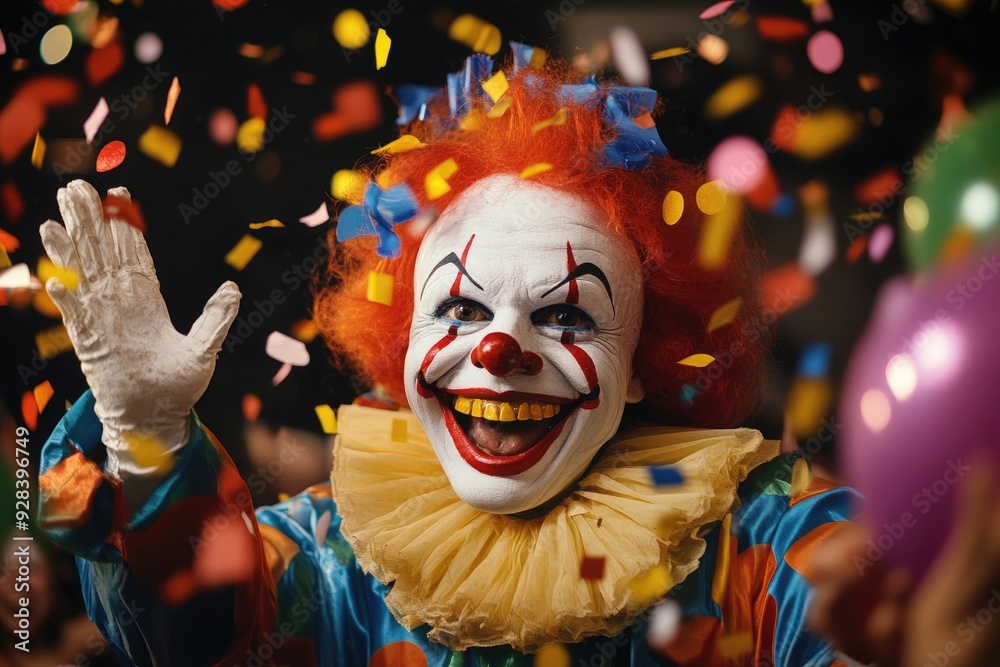 Clown with red hair and colorful balloons smiling