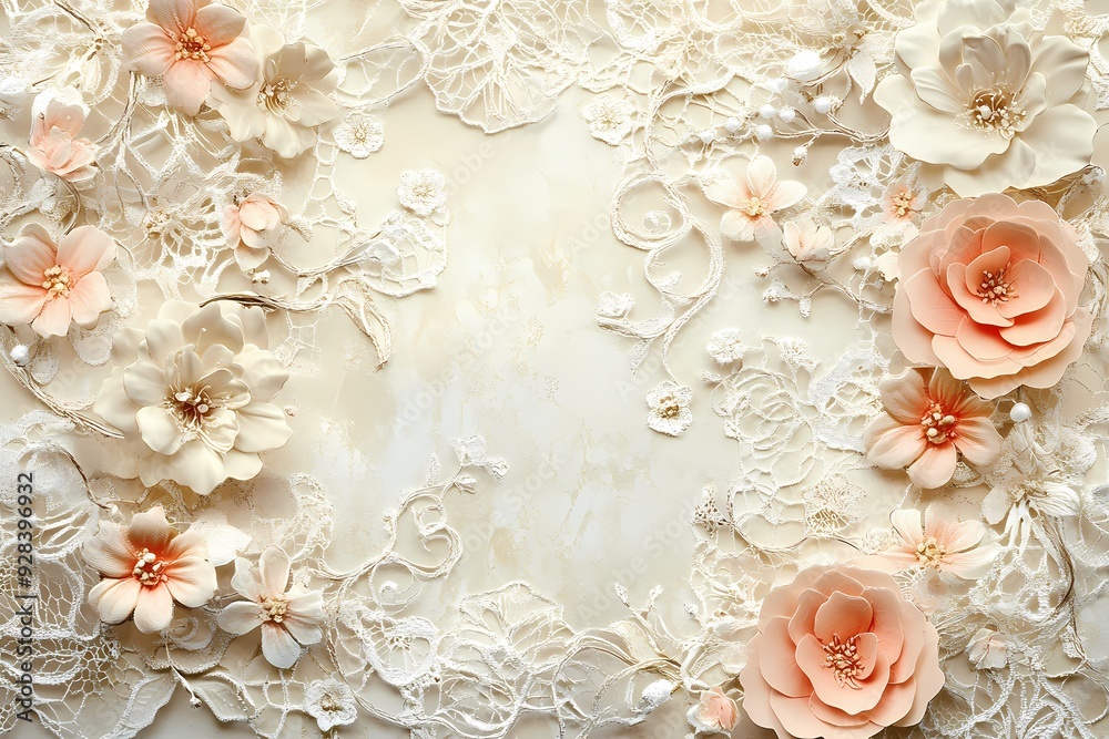 Elegant Floral Lace Design: White and Peach Flowers Elegant Floral Lace Design: White and Peach Flowers