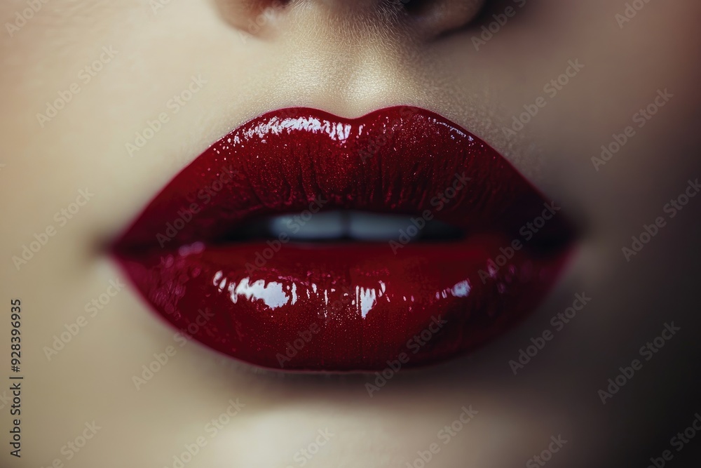 Fototapeta premium Woman with red lipstick showing white teeth