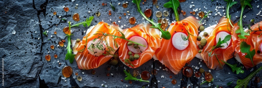 Naklejka premium Salmon Slices Millefeuille with Cream Cheese Mousse, Arugula and Capers, Exquisite Trout Sashimi