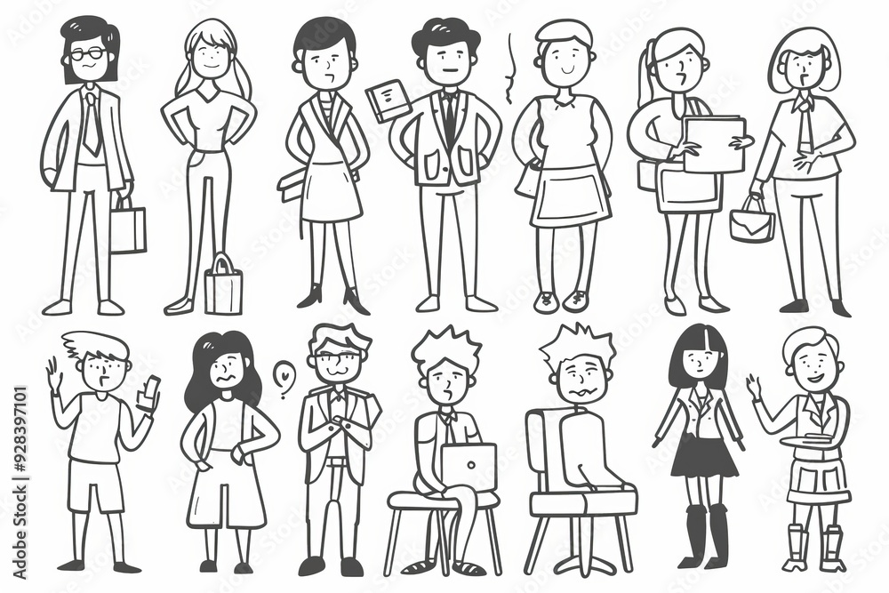 Doodles set of various business people, multi-ethnic, diverse, businessman and woman, office worker, in daily routine activities. Outline, linear, thin line art, hand drawn sketch, Generative AI Doodles set of various business people, multi-ethnic, diverse, businessman and woman, office worker, in daily routine activities. Outline, linear, thin line art, hand drawn sketch, Generative AI