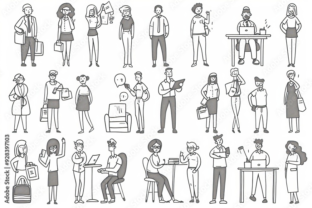 Doodles set of various business people, multi-ethnic, diverse, businessman and woman, office worker, in daily routine activities. Outline, linear, thin line art, hand drawn sketch, Generative AI Doodles set of various business people, multi-ethnic, diverse, businessman and woman, office worker, in daily routine activities. Outline, linear, thin line art, hand drawn sketch, Generative AI
