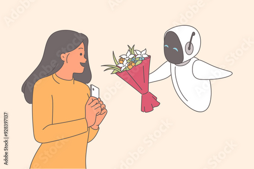 Robot gives flowers to woman and delivering gift bouquet from boyfriend on valentine eve