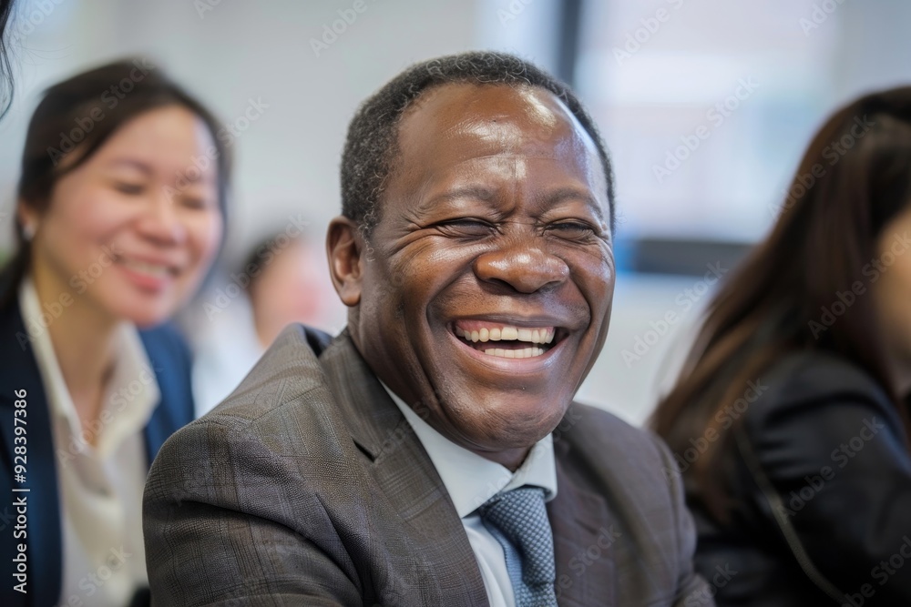 Diverse businesspeople laughing during a meeting around an offic, Generative AI Diverse businesspeople laughing during a meeting around an offic, Generative AI