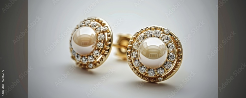 Shiny gold earrings with diamonds and pearls on white background, 4K hyperrealistic photo