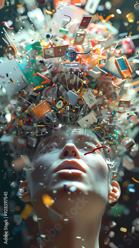 head bursting with information data, symbolizing the overwhelming effects of media and social media addiction.powerful visual metaphor of social media addiction.
