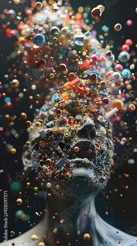 head bursting with information data, symbolizing the overwhelming effects of media and social media addiction.powerful visual metaphor of social media addiction.