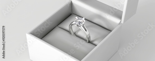 Shiny diamond ring in a box on white background, 4K hyperrealistic photo