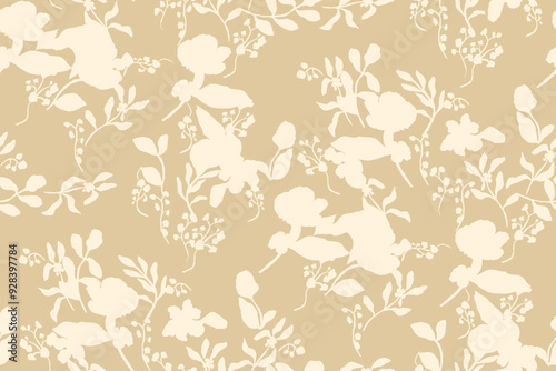 Simple monochrome two-color seamless pattern with flowers silhouette.