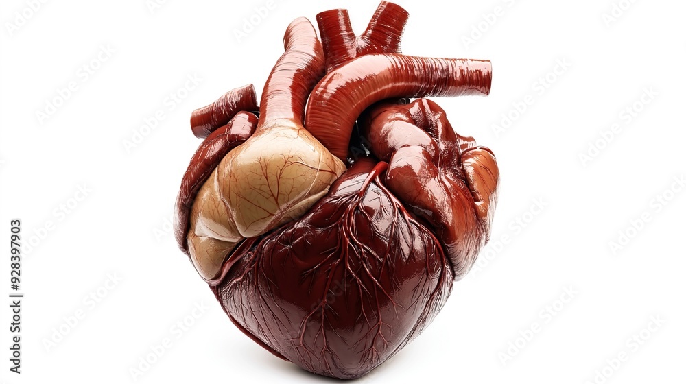 Detailed anatomical model of a human heart showing veins, arteries, and ...