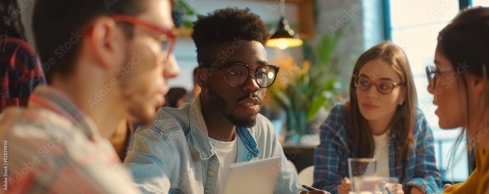 Obraz premium Office life. Group of young multiracial people sitting at the table in coworking space and working together, using modern technologies and discussing, Generative AI