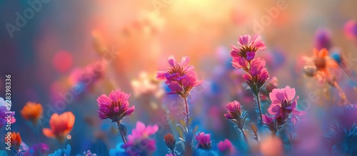 Vibrant Wildflowers in Bloom at Sunset with Soft Focus and Warm Light