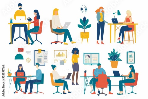 Office people teamwork coworking. Communication and brainstorming. Colored flat illustration. Isolated on white background, Generative AI