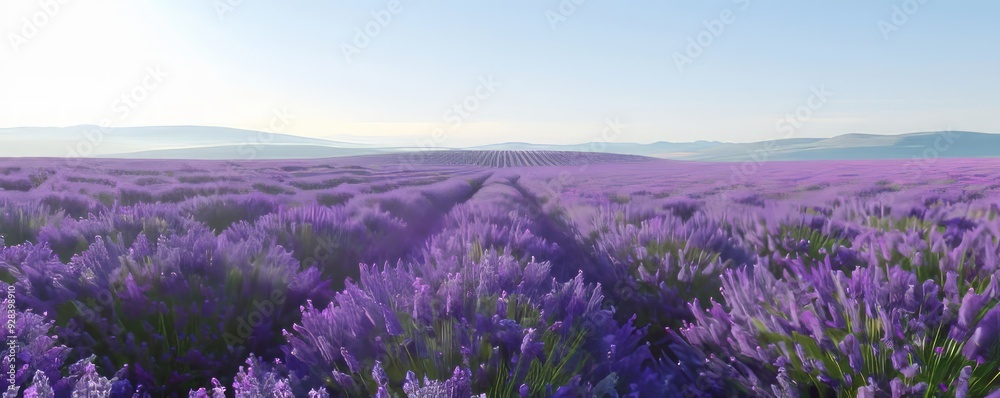 Purple lavender field under clear sky, 4K hyperrealistic photo Purple lavender field under clear sky, 4K hyperrealistic photo