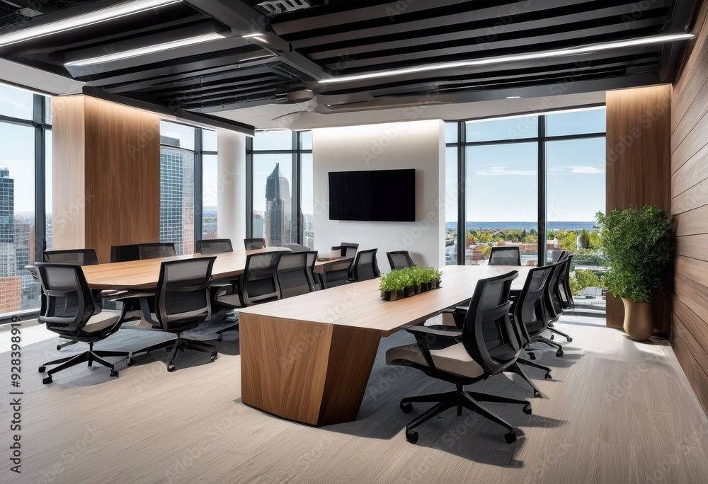 Fototapeta premium modern versatile meeting area equipped advanced technology solutions enhanced collaboration productivity, space, design, furniture, lighting, audio