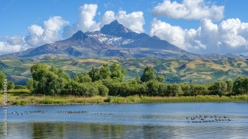 Obraz premium A tranquil riverbank with smooth stones meets the calm waters, bordered by verdant mountains and a cloudy sky, showcasing the beauty of nature in a remote location