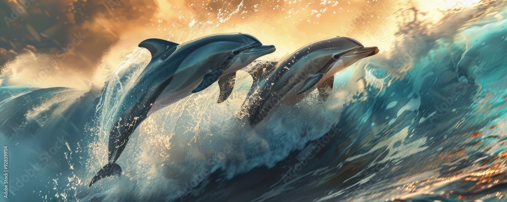 Fototapeta premium Playful dolphins riding the waves, 4K hyperrealistic photo